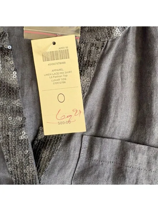 Chico’s NWT Linen Sequin Trim Blouse Blue Button Front Top Lightweight - Picture 3 of 7
